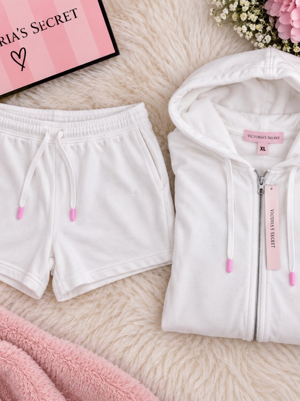 Victoria's Secret White & Pink Zip Hoodie & Shorts Set XS NWT
